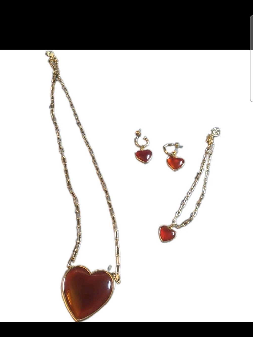 ​1928 Jewelry Co Red Glass Heart Set Gold Tone Paperclip Chain Necklace Bracelet